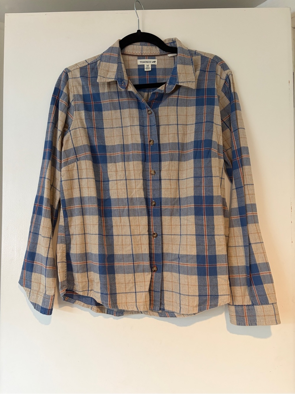 Toad&Co Women's Blue and Beige Plaid Button-Down Shirt